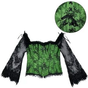 Satin Lace‎ Corset Top S/M Green Black Milkmaid Wicked Cosplay Witch Medievil